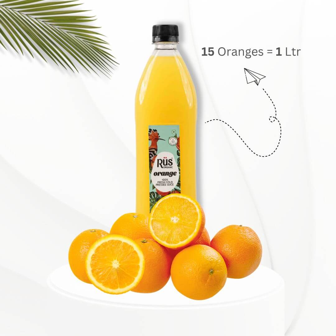 Bottle of Rus Organic Fresh Orange Juice – cold-pressed, refreshing, and 100% natural