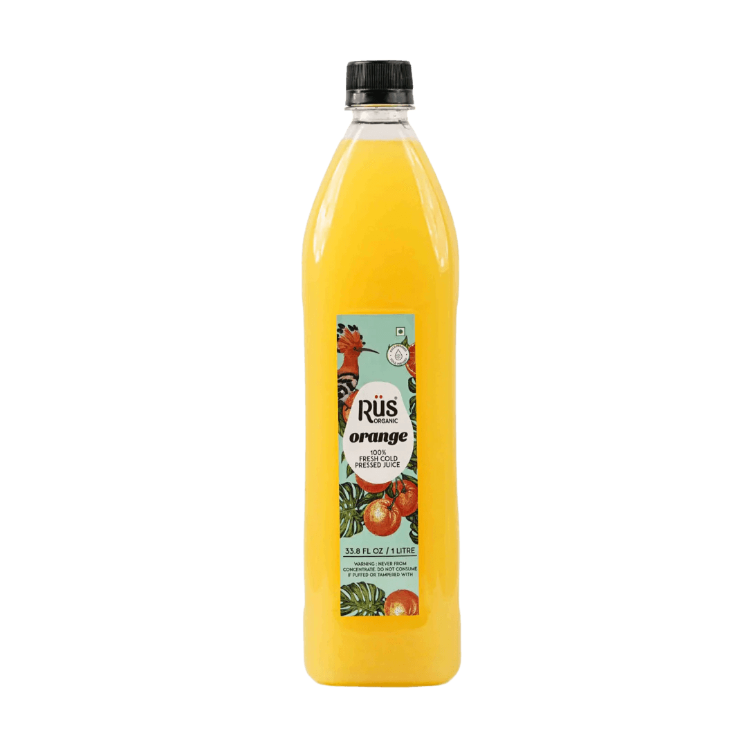 Bottle of Rus Organic Fresh Orange Juice – cold-pressed, refreshing, and 100% natural