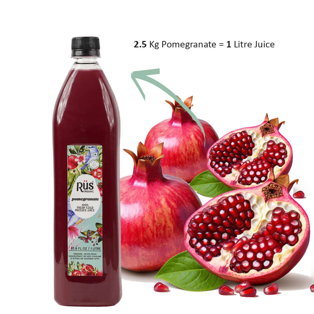 Bottle of Rus Organic Fresh Pomegranate Juice with pomegranates placed beside it, highlighting its freshness and natural ingredients