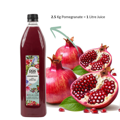 Bottle of Rus Organic Fresh Pomegranate Juice with pomegranates placed beside it, highlighting its freshness and natural ingredients