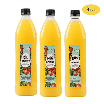 Bottle of Rus Organic Fresh Orange Juice – cold-pressed, refreshing, and 100% natural.